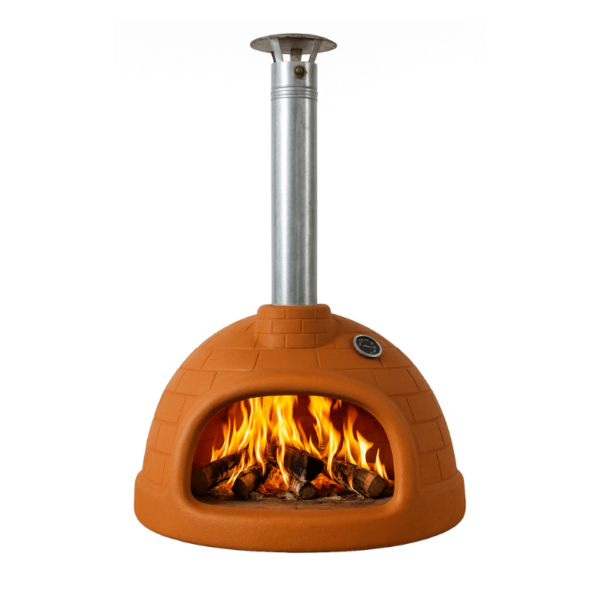 horno de barro mediano con leña encendida